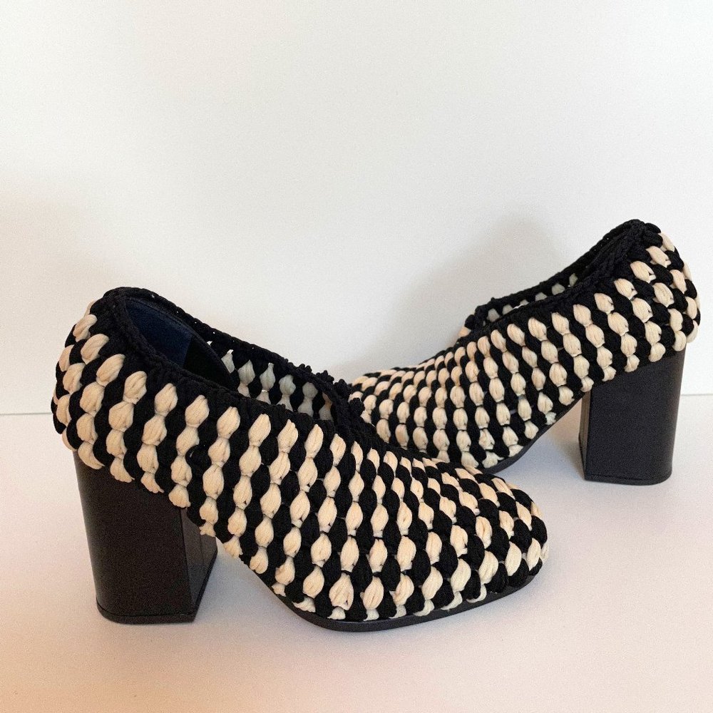 V-Macrame Black and White Pumps